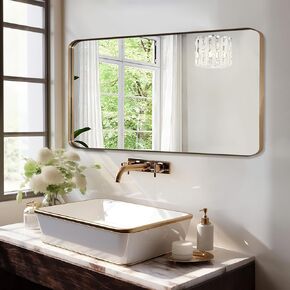 ANDY STAR Brushed Gold Bathroom Vanity Mirror, 24"x40" Sleek Rounded Rectangle Mirror for Bathroom, Well Made Non-Rusting Metal Framed Wall Mounted Mirror, Hangs Horizontally or Vertically