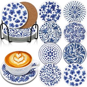 Hushee 8 Pcs Diamond Painting Coasters Indigo Blue Coasters Diamond Painting Coasters with Holder Cork Base DIY Cup Diamond Painting Kit for Adults and Beginners