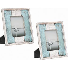 Barnyard Designs Rustic Wood Picture Frame – Farmhouse or Coastal Beach Distressed Wooden Photo Frame, White/Turquoise (5" x 7" / 2 Frames)