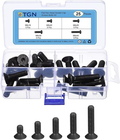 25Pcs M8 x 16mm /20mm /25mm /30mm /40mm Flat Head Hex Socket Cap Screws Bolts Kit with Wrench, Carbon Steel Black Oxide, Full Thread, Countersunk Bolts in Saudi Arabia