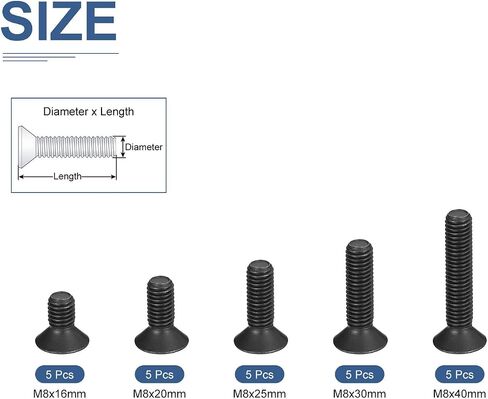 25Pcs M8 x 16mm /20mm /25mm /30mm /40mm Flat Head Hex Socket Cap Screws Bolts Kit with Wrench, Carbon Steel Black Oxide, Full Thread, Countersunk Bolts in Saudi Arabia