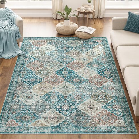 Moroccan Washable Living Room Rug, 8x10 Soft Non-Slip Bedroom Rug, Non Shedding Oriental Trellis Retro Rug Farmhouse Rugs for Living Room Bedroom Office Dining Room in Saudi Arabia