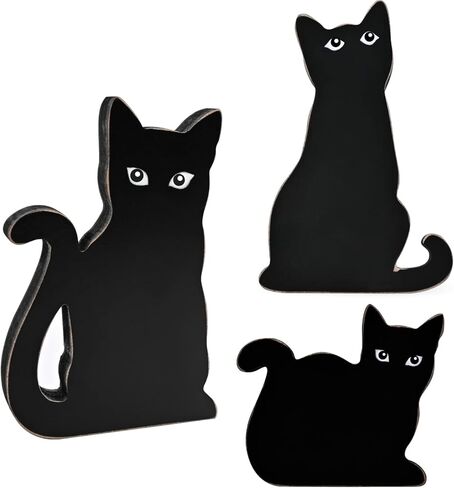Halloween Wooden Black Cat Decorations, Set of 3 Fall Cats Figurines Ornaments for Tiered Tray, Shelf and Fireplace Decor, Farmhouse Halloween Cats for Cat Lovers, Office Supplies in Kuwait