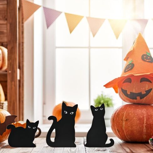 Halloween Wooden Black Cat Decorations, Set of 3 Fall Cats Figurines Ornaments for Tiered Tray, Shelf and Fireplace Decor, Farmhouse Halloween Cats for Cat Lovers, Office Supplies in Kuwait