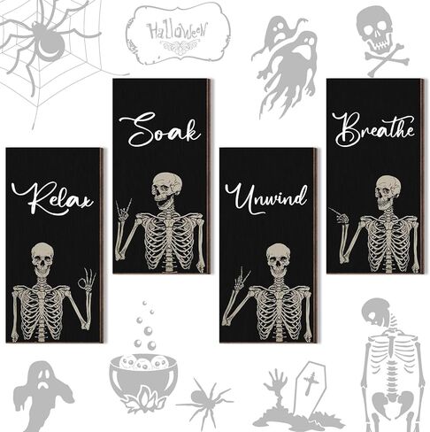 4 Pieces Halloween Bathroom Wall Decor Skeleton Decor Rock and Roll Skull Music Wall Art Soak Relax Unwind Breathe Farmhouse Wooden Signs Hanging Rustic Wood Plaque for Home Room Decor, 10 x 5 Inch in Saudi Arabia