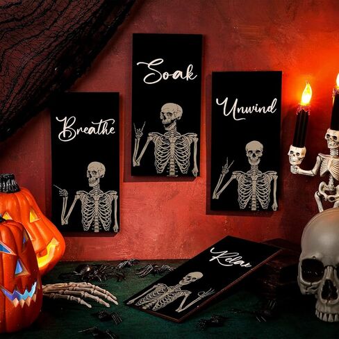 4 Pieces Halloween Bathroom Wall Decor Skeleton Decor Rock and Roll Skull Music Wall Art Soak Relax Unwind Breathe Farmhouse Wooden Signs Hanging Rustic Wood Plaque for Home Room Decor, 10 x 5 Inch in Saudi Arabia