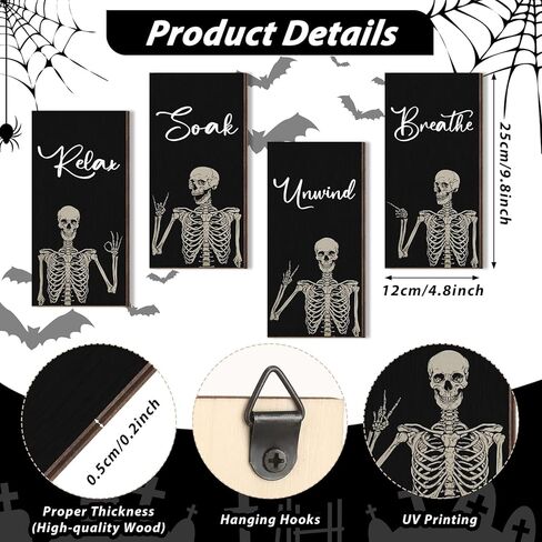 4 Pieces Halloween Bathroom Wall Decor Skeleton Decor Rock and Roll Skull Music Wall Art Soak Relax Unwind Breathe Farmhouse Wooden Signs Hanging Rustic Wood Plaque for Home Room Decor, 10 x 5 Inch in Saudi Arabia