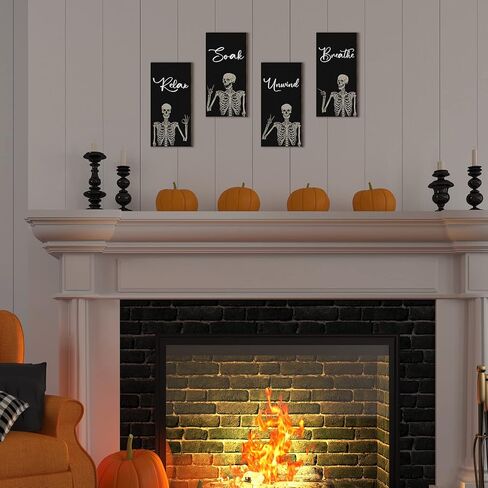 4 Pieces Halloween Bathroom Wall Decor Skeleton Decor Rock and Roll Skull Music Wall Art Soak Relax Unwind Breathe Farmhouse Wooden Signs Hanging Rustic Wood Plaque for Home Room Decor, 10 x 5 Inch in Saudi Arabia