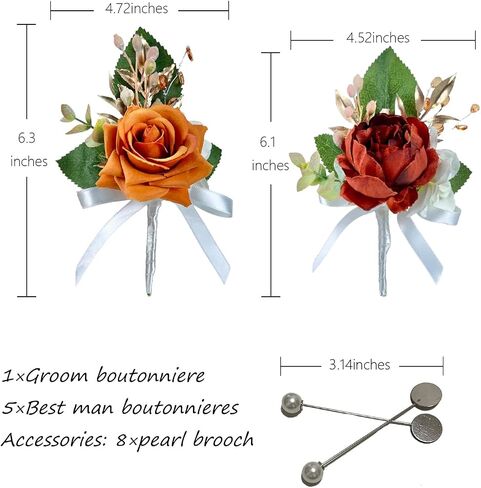 Red Rose Boutonniere for Men Wedding Set of 6, Groom and Best Man Boutonniere Artificial Flowers for Wedding Ceremony Anniversary, Parties, Proms in Saudi Arabia