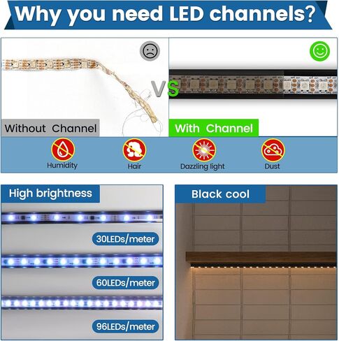 Muzata 10 حزمة 3.3FT/1M نظام قناة LED أسود مع عدسة غطاء أسود دخاني شفاف، ملف تعريف مسار الألومنيوم لشريط الضوء تحت الخزانة، شكل U U1SW BB in Kuwait
