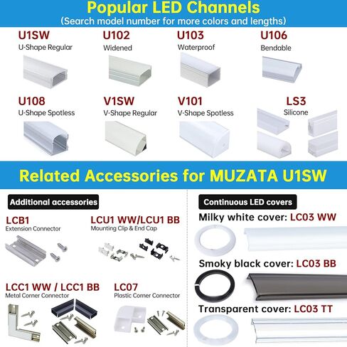 Muzata 10 حزمة 3.3FT/1M نظام قناة LED أسود مع عدسة غطاء أسود دخاني شفاف، ملف تعريف مسار الألومنيوم لشريط الضوء تحت الخزانة، شكل U U1SW BB in Kuwait