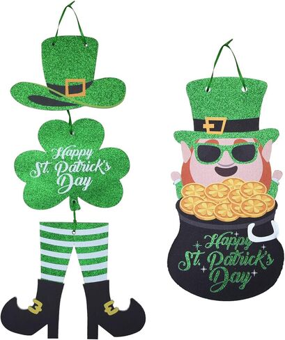 jspupifip 4 قطع عيد القديس باتريك ديكور الباب الأمامي علامة، شامروك البرسيم الأيرلندية معلقة ترحيب مجلس اكاليل الأخضر محظوظ بريق من الورق المقوى شماعات مع حبل لديكور باب عيد القديس باتريك in Kuwait