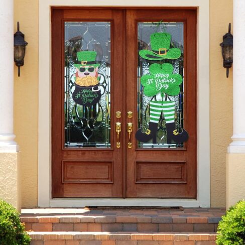 jspupifip 4 قطع عيد القديس باتريك ديكور الباب الأمامي علامة، شامروك البرسيم الأيرلندية معلقة ترحيب مجلس اكاليل الأخضر محظوظ بريق من الورق المقوى شماعات مع حبل لديكور باب عيد القديس باتريك in Kuwait