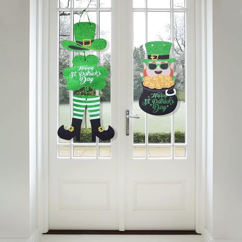 jspupifip 4 قطع عيد القديس باتريك ديكور الباب الأمامي علامة، شامروك البرسيم الأيرلندية معلقة ترحيب مجلس اكاليل الأخضر محظوظ بريق من الورق المقوى شماعات مع حبل لديكور باب عيد القديس باتريك in Kuwait