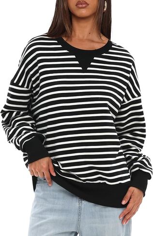 Darong المرأة المتضخم مخطط كتلة اللون طويلة الأكمام طاقم الرقبة البلوز عارضة القطن البلوز بلوزات الخريف القماش in Kuwait