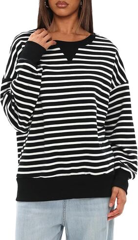 Darong المرأة المتضخم مخطط كتلة اللون طويلة الأكمام طاقم الرقبة البلوز عارضة القطن البلوز بلوزات الخريف القماش in Kuwait