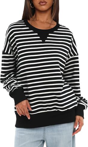 Darong المرأة المتضخم مخطط كتلة اللون طويلة الأكمام طاقم الرقبة البلوز عارضة القطن البلوز بلوزات الخريف القماش in Kuwait