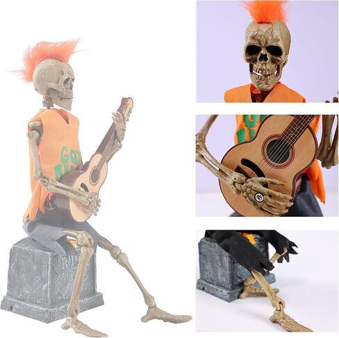 EVAPLUS 12inch Funny Animated Skeleton Bass Guitar Player(Voice-Activated),Halloween Decorations Indoor Excellent Quality Skull,Tabletop Ornament Collectible Figurines Halloween Decor(Headband Style) in Saudi Arabia