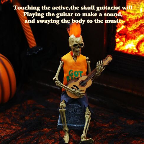 EVAPLUS 12inch Funny Animated Skeleton Bass Guitar Player(Voice-Activated),Halloween Decorations Indoor Excellent Quality Skull,Tabletop Ornament Collectible Figurines Halloween Decor(Headband Style) in Saudi Arabia