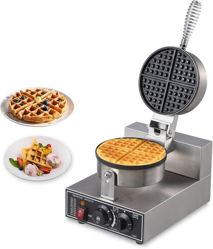 PioneerWorks Commercial Waffle Maker 1300W, Round Waffle Iron, Non-Stick Rotatable Waffle Baker Machine, Stainless Steel Round Commercial Waffle Maker for Restaurant, 50°C-300°C Temp Range, 110V in Kuwait