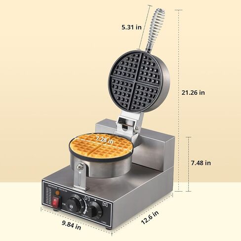 PioneerWorks Commercial Waffle Maker 1300W, Round Waffle Iron, Non-Stick Rotatable Waffle Baker Machine, Stainless Steel Round Commercial Waffle Maker for Restaurant, 50°C-300°C Temp Range, 110V in Kuwait