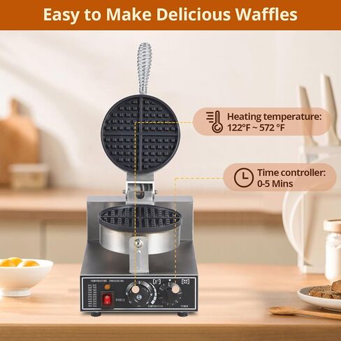 PioneerWorks Commercial Waffle Maker 1300W, Round Waffle Iron, Non-Stick Rotatable Waffle Baker Machine, Stainless Steel Round Commercial Waffle Maker for Restaurant, 50°C-300°C Temp Range, 110V in Kuwait