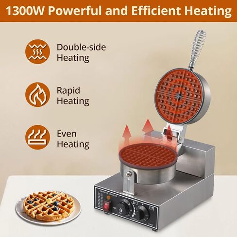 PioneerWorks Commercial Waffle Maker 1300W, Round Waffle Iron, Non-Stick Rotatable Waffle Baker Machine, Stainless Steel Round Commercial Waffle Maker for Restaurant, 50°C-300°C Temp Range, 110V in Kuwait