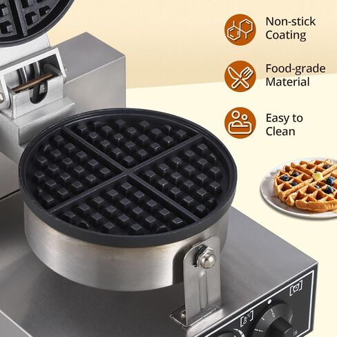 PioneerWorks Commercial Waffle Maker 1300W, Round Waffle Iron, Non-Stick Rotatable Waffle Baker Machine, Stainless Steel Round Commercial Waffle Maker for Restaurant, 50°C-300°C Temp Range, 110V in Kuwait