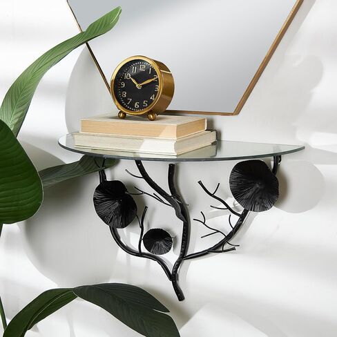 Deco 79 Metal Floral Branch Wall Shelf with Glass Top, 24" x 12" x 16", Black in Saudi Arabia