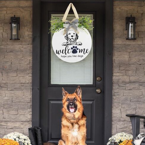 Welcome Sign for Front Door,12 Inches Interchangeable Seasonal Front Door Decor Welcome Sign,Hope You Like Dogs Front Door Hanger Decoration,Round Wooden Dog Welcome Door Sign for Housewarming Gift in Saudi Arabia