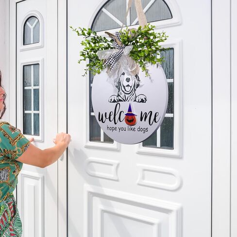 Welcome Sign for Front Door,12 Inches Interchangeable Seasonal Front Door Decor Welcome Sign,Hope You Like Dogs Front Door Hanger Decoration,Round Wooden Dog Welcome Door Sign for Housewarming Gift in Saudi Arabia