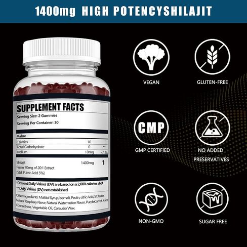 Shilajit Gummies for Men & Women - 1400mg, Pure Himalayan Supplement, High in Minerals & Fulvic Acid, Energy, Brain, Immunity Boost, Raspberry Watermelon Flavor in Saudi Arabia