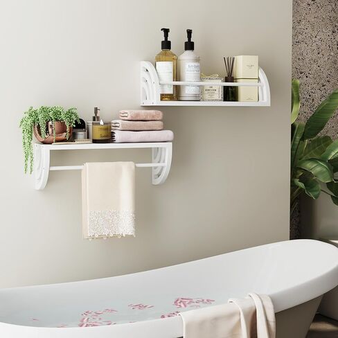 2 Sets of Floating Shelves with Towel Bar, Rustic Floating Shelves, Decorative Shelves，Hanging Shelves for Wall，Storage Shelf for Bathroom, Kitchen, Office, Living Room&Bedroom(White) in Saudi Arabia