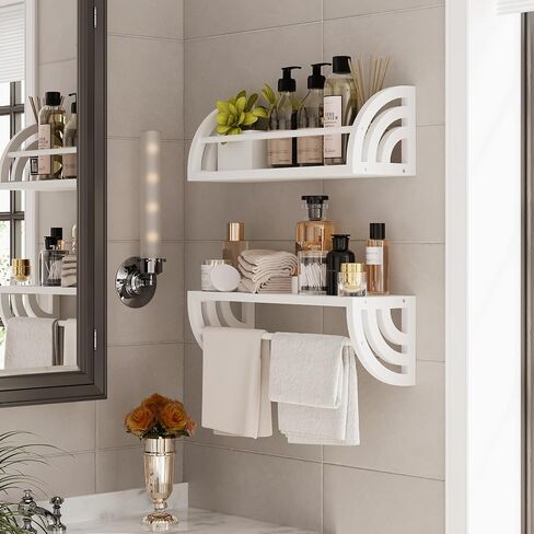 2 Sets of Floating Shelves with Towel Bar, Rustic Floating Shelves, Decorative Shelves，Hanging Shelves for Wall，Storage Shelf for Bathroom, Kitchen, Office, Living Room&Bedroom(White) in Saudi Arabia