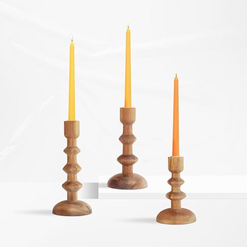 حوامل شموع خشبية - عبوة من 3 حامل شموع على شكل عمود خشبي لبيت المزرعة، حامل شموع ريفي، حامل شموع على شكل عمود تقليدي لطاولة الطعام المركزية، يناسب شمعة مستدقة مقاس 7/8 بوصة in Kuwait