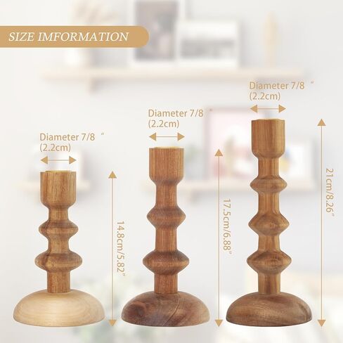 حوامل شموع خشبية - عبوة من 3 حامل شموع على شكل عمود خشبي لبيت المزرعة، حامل شموع ريفي، حامل شموع على شكل عمود تقليدي لطاولة الطعام المركزية، يناسب شمعة مستدقة مقاس 7/8 بوصة in Kuwait