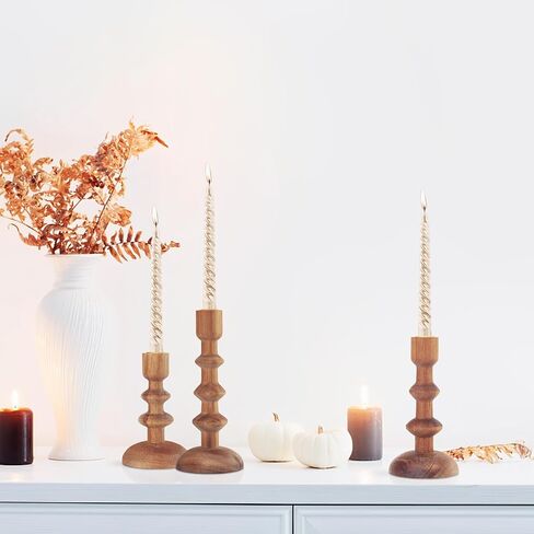 حوامل شموع خشبية - عبوة من 3 حامل شموع على شكل عمود خشبي لبيت المزرعة، حامل شموع ريفي، حامل شموع على شكل عمود تقليدي لطاولة الطعام المركزية، يناسب شمعة مستدقة مقاس 7/8 بوصة in Kuwait