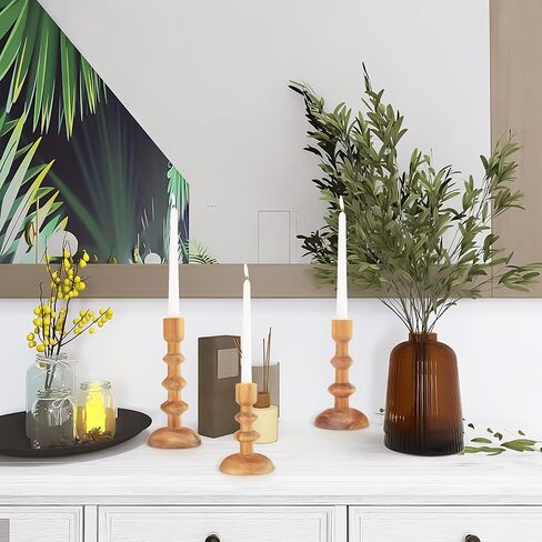 حوامل شموع خشبية - عبوة من 3 حامل شموع على شكل عمود خشبي لبيت المزرعة، حامل شموع ريفي، حامل شموع على شكل عمود تقليدي لطاولة الطعام المركزية، يناسب شمعة مستدقة مقاس 7/8 بوصة in Kuwait