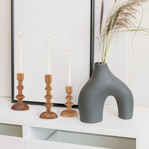 حوامل شموع خشبية - عبوة من 3 حامل شموع على شكل عمود خشبي لبيت المزرعة، حامل شموع ريفي، حامل شموع على شكل عمود تقليدي لطاولة الطعام المركزية، يناسب شمعة مستدقة مقاس 7/8 بوصة in Kuwait