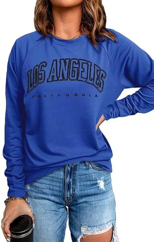 Dressmine Women's Los Angeles Crewneck Sweatshirt Casual Long Sleeve Raglan Shirts Cute Letter Print Pullover Tops Blue Meidum in Saudi Arabia