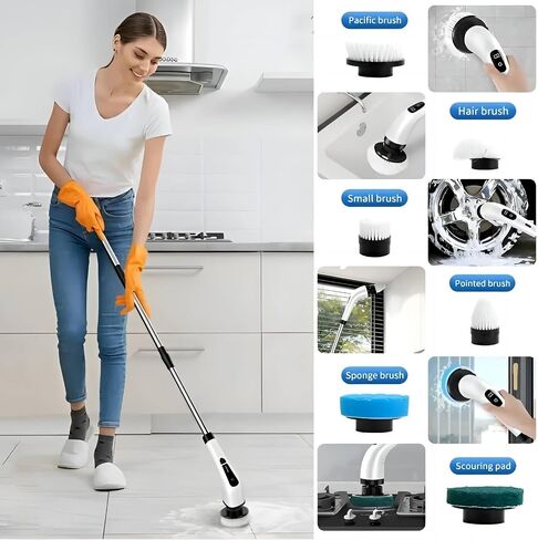 Electric Spin Scrubber, Electric Spin Cordless Shower Cleaning Brush, with Adjustable Extension Arm, 2 Speed 8 Replaceable Cleaning Heads, Power Spin Scrubbers for Cleaning Bathroom, Floor, Car in Saudi Arabia