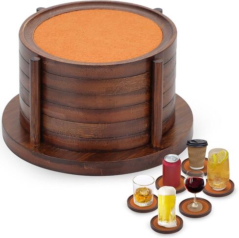MinBoo Bamboo Coasters for Coffee Table Set of 6 Coasters for Drinks Absorbent with Holder Coffee Table Decor for Tabletop Protection Gifts for House Warming New Home & Wedding (Dark Brown 6Pcs) in Saudi Arabia