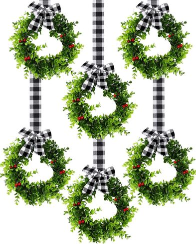 Christmas Wreaths with Ribbon for Kitchen Cabinets, Windows, Doors, Walls - Set of 6 Small Artificial Greenery Decorations in Saudi Arabia