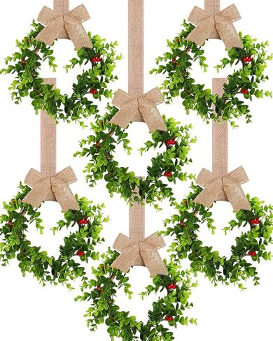 Christmas Wreaths with Ribbon for Kitchen Cabinets, Windows, Doors, Walls - Set of 6 Small Artificial Greenery Decorations in Saudi Arabia