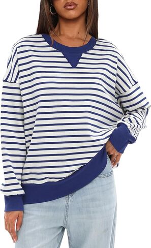 Darong Women Oversized Striped Color Block Long Sleeve Crew Neck Sweatshirt Casual Cotton Pullover Sweatshirts Fall Cloth in Saudi Arabia