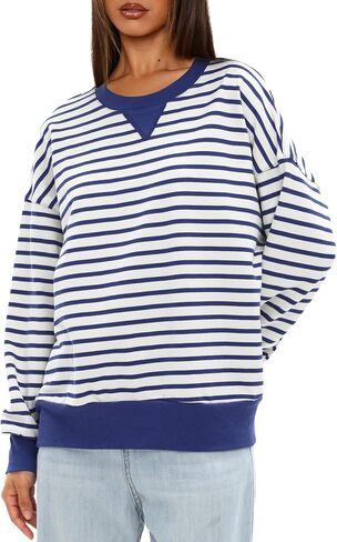 Darong Women Oversized Striped Color Block Long Sleeve Crew Neck Sweatshirt Casual Cotton Pullover Sweatshirts Fall Cloth in Saudi Arabia