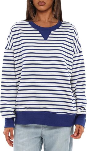 Darong Women Oversized Striped Color Block Long Sleeve Crew Neck Sweatshirt Casual Cotton Pullover Sweatshirts Fall Cloth in Saudi Arabia