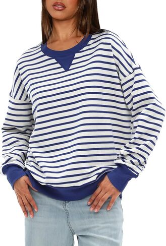 Darong Women Oversized Striped Color Block Long Sleeve Crew Neck Sweatshirt Casual Cotton Pullover Sweatshirts Fall Cloth in Saudi Arabia