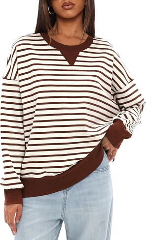 Darong Women Oversized Striped Color Block Long Sleeve Crew Neck Sweatshirt Casual Cotton Pullover Sweatshirts Fall Cloth in Saudi Arabia