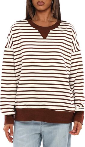Darong Women Oversized Striped Color Block Long Sleeve Crew Neck Sweatshirt Casual Cotton Pullover Sweatshirts Fall Cloth in Saudi Arabia